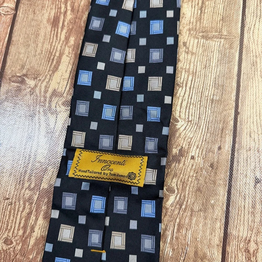 Tom James Innocenti Oro Necktie Men One Size Black Blue Geometric Silk Hand Made
